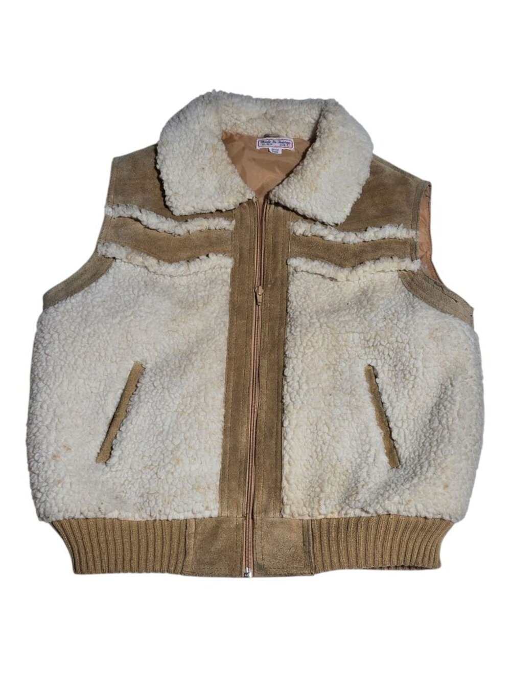 Vintage Tan Vest Size Large Leather Sherpa Western Cowboy Rodeo Chore Jacket